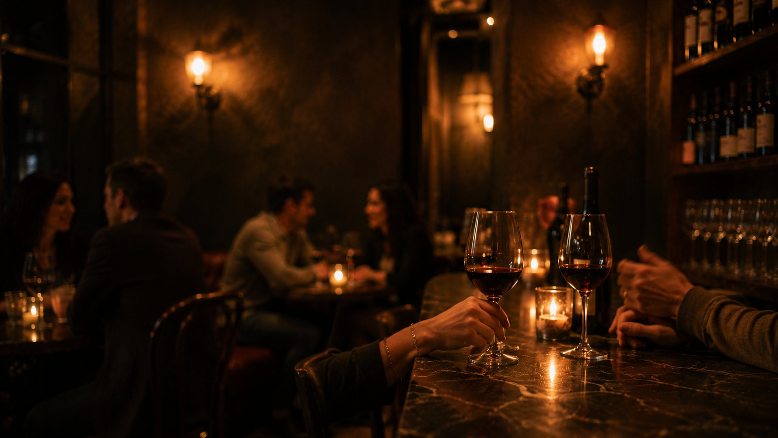 The wine bar warming up in the early evening.
