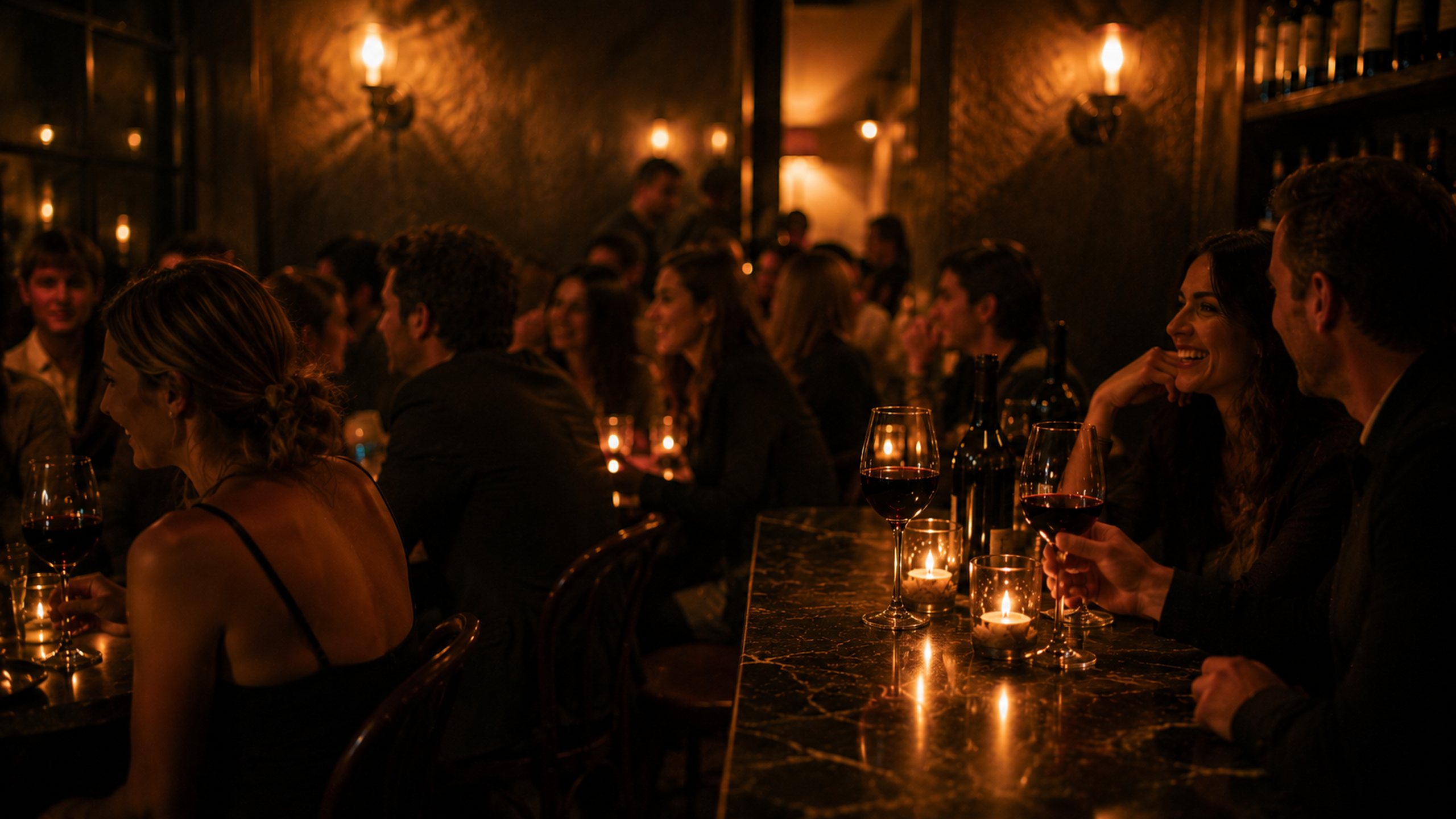The full wine bar glowing gold at 9pm.