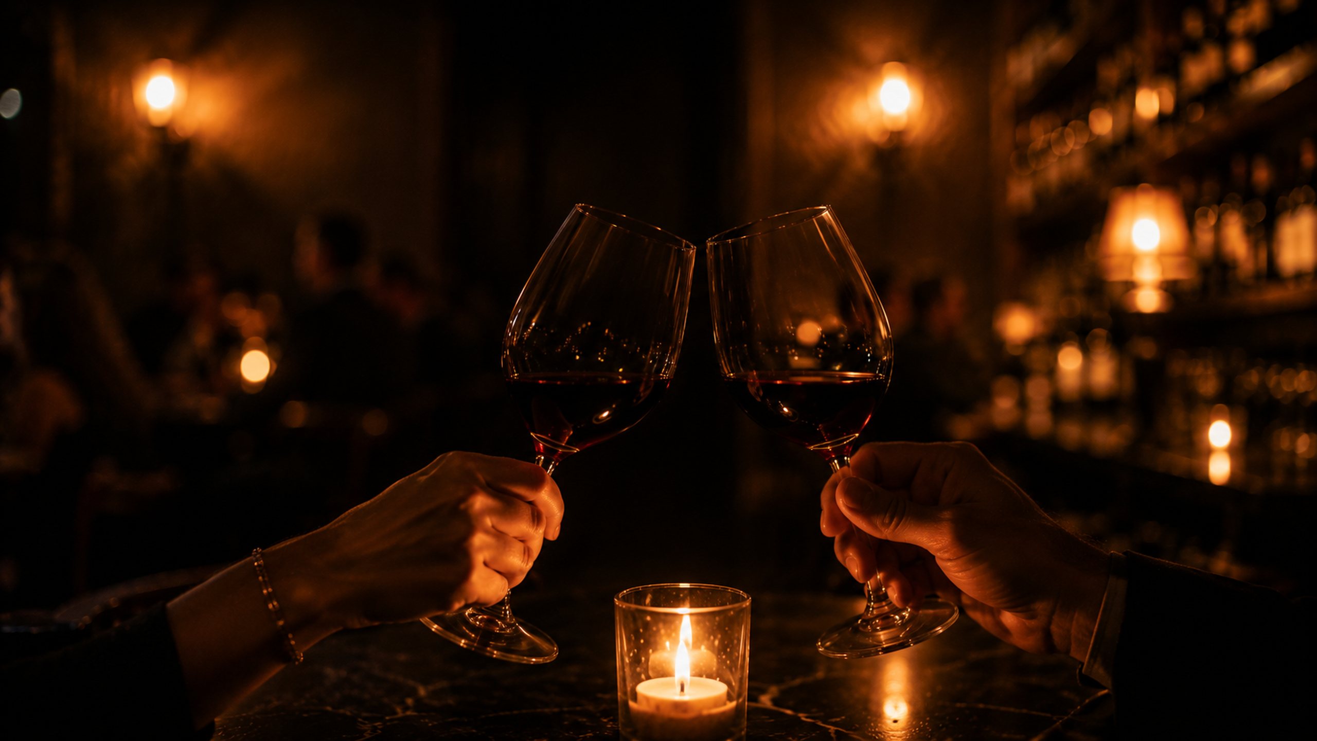 Two glasses of red wine over a candle late at the bar.