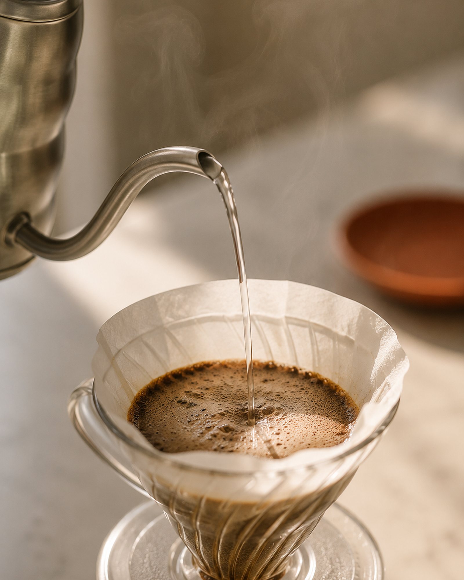 A gooseneck kettle pouring over a V60 with steam in morning light.