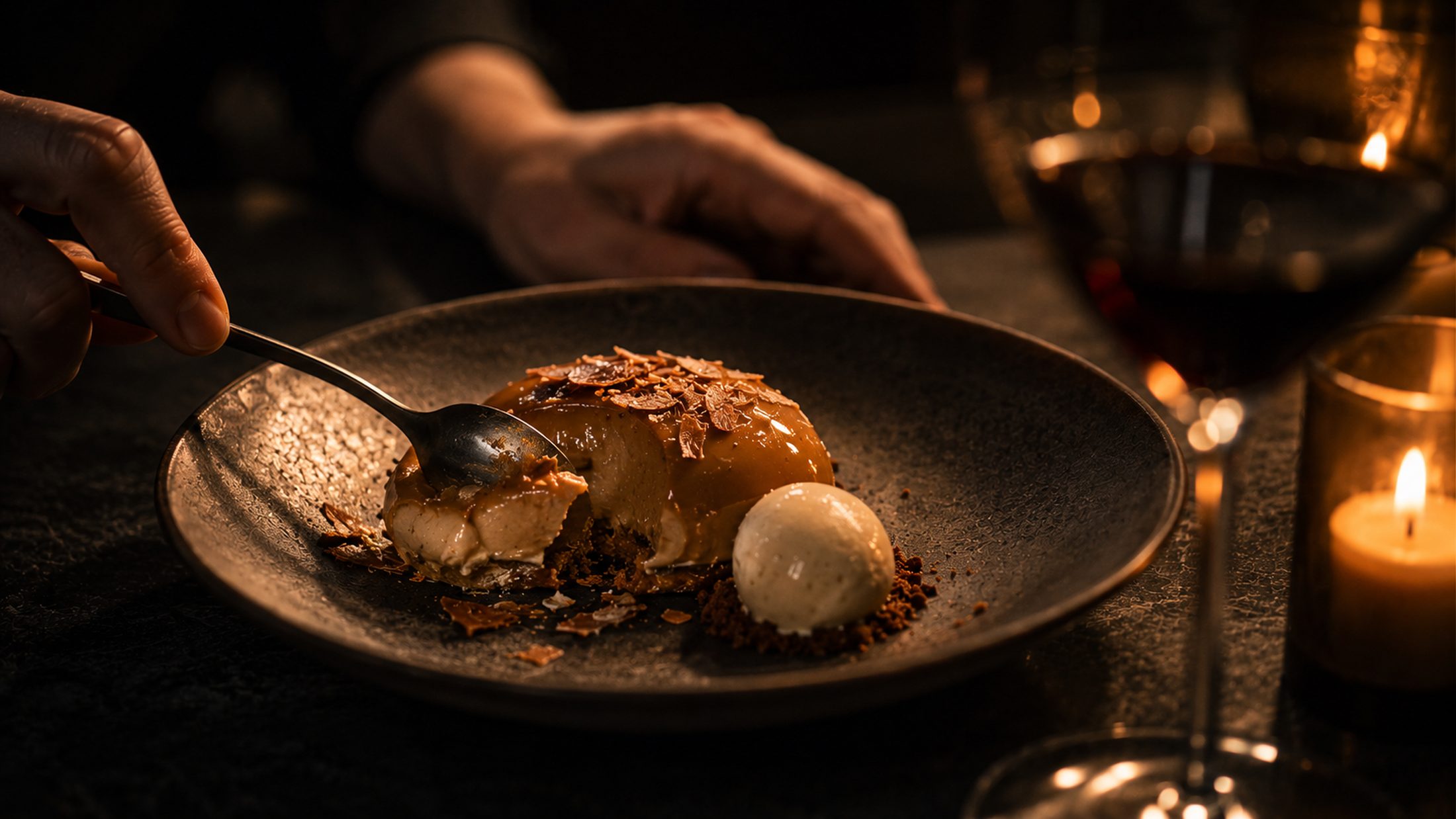 A plated dessert at the table with a candle behind.