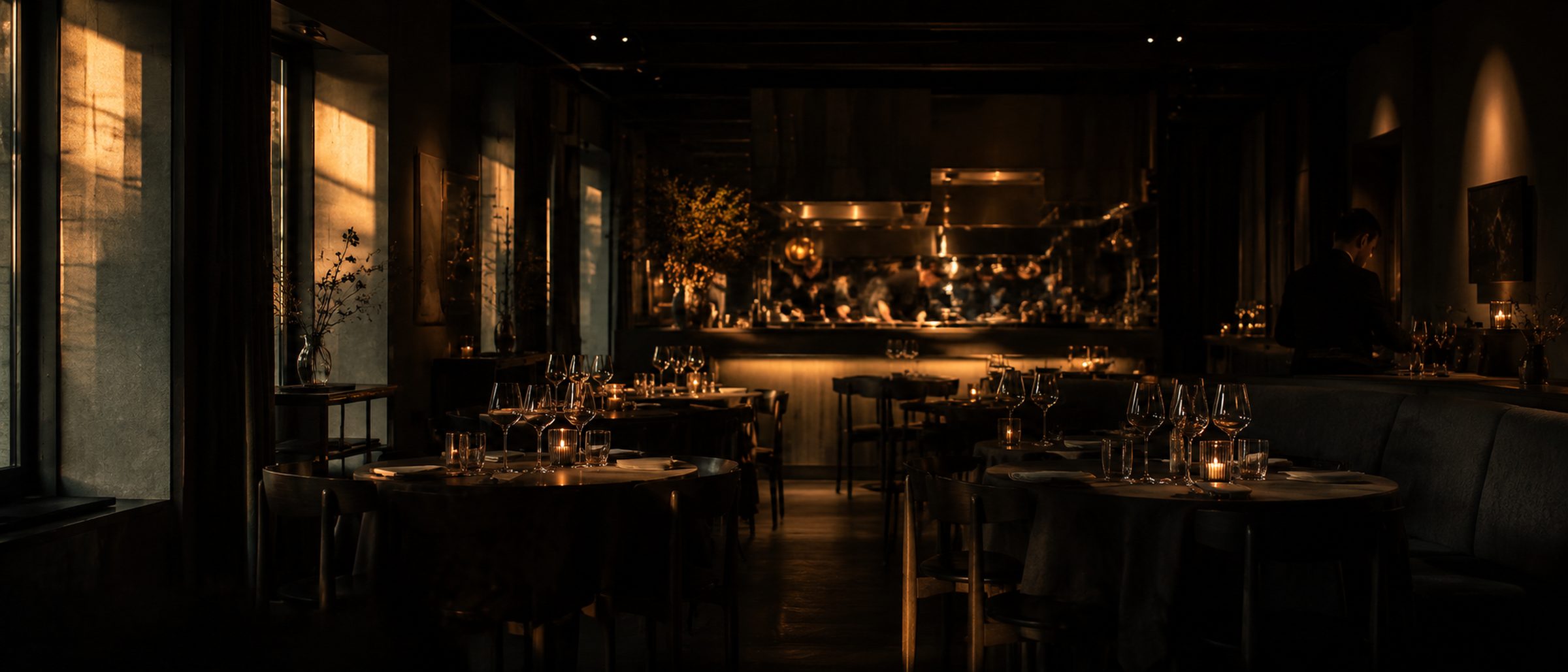 The dining room at golden hour.