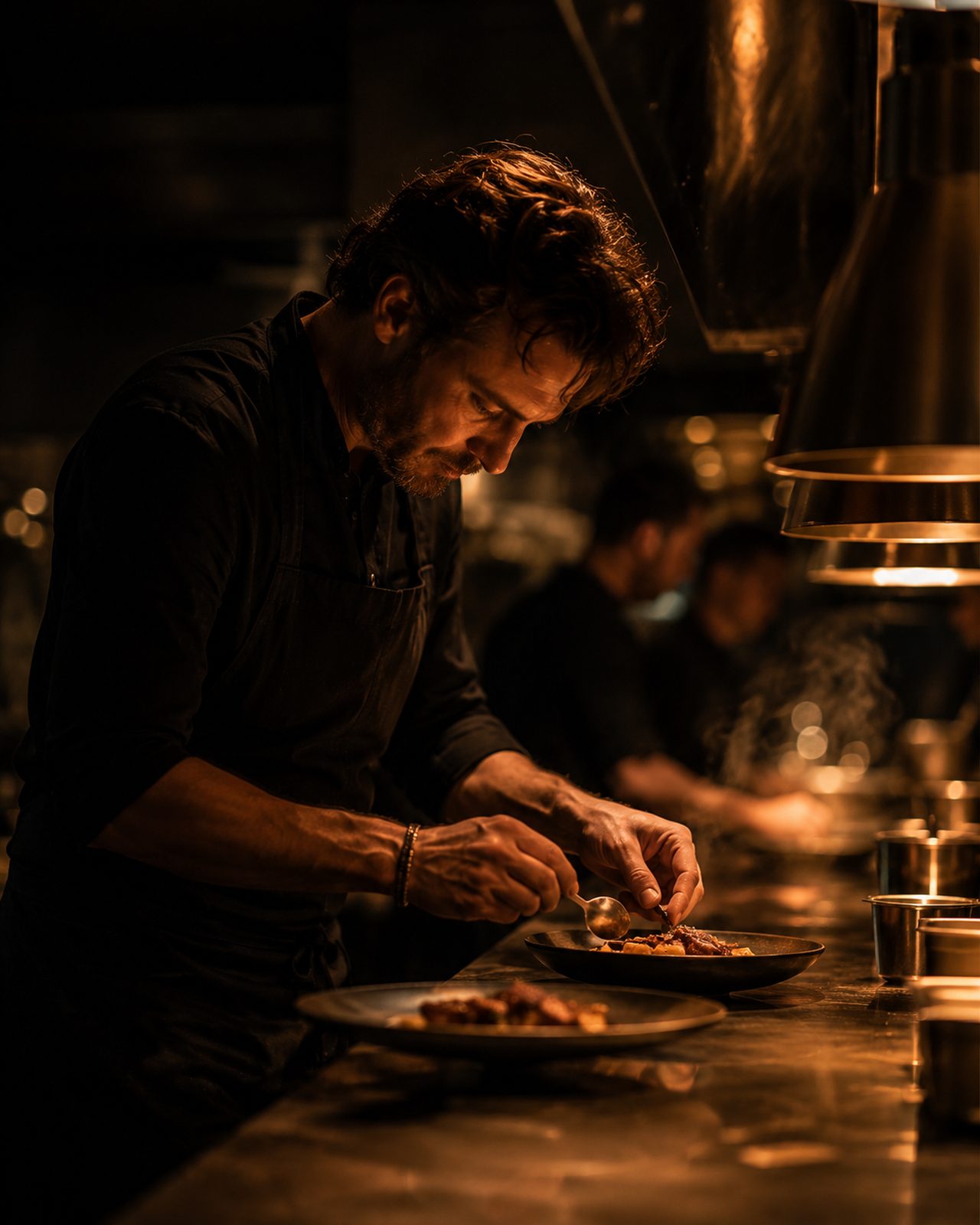 The chef plating at the pass mid-service.