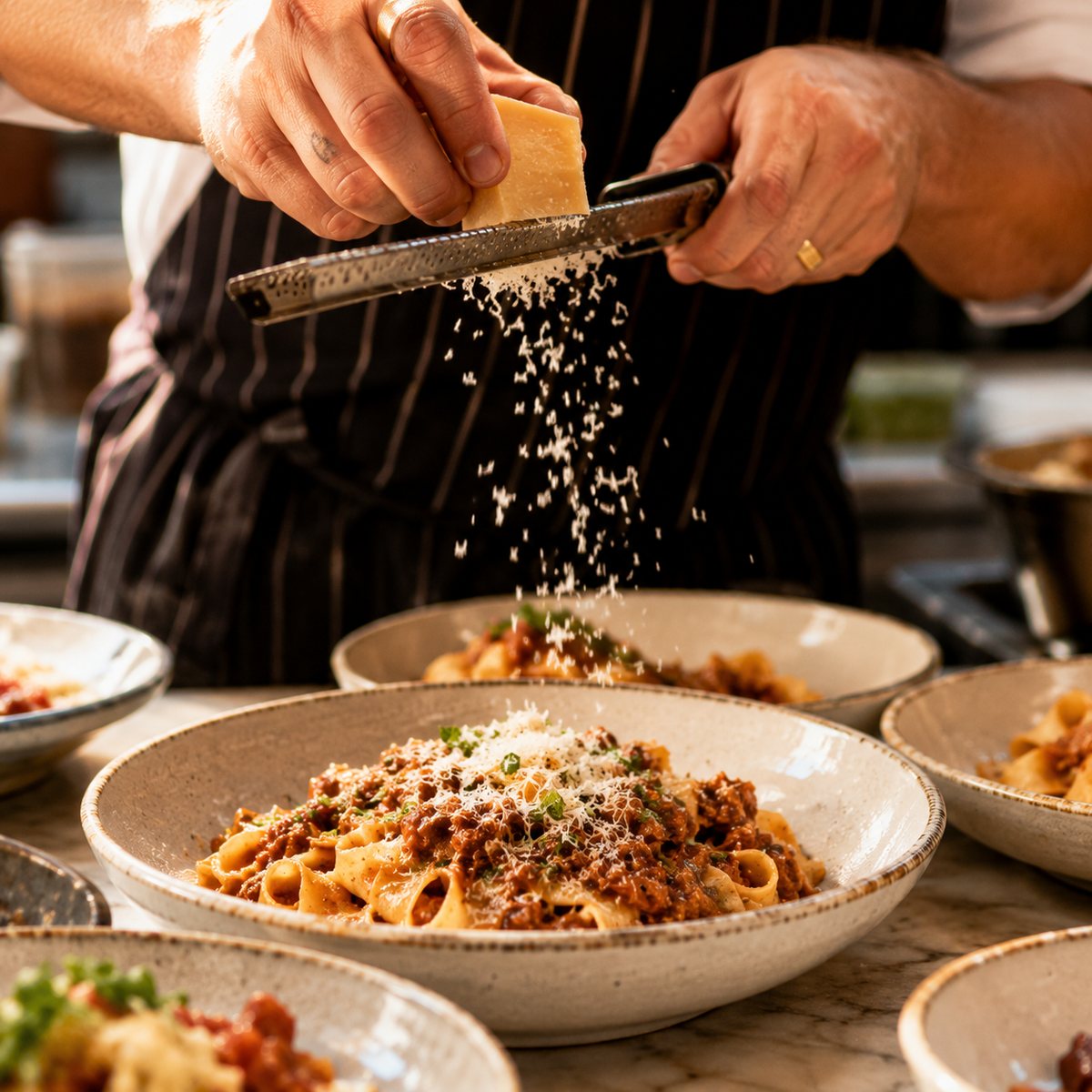 A close finishing touch, a hand grating over a fresh plate.