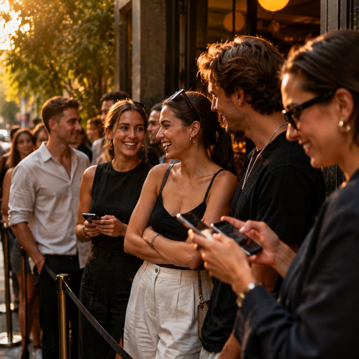 The queue out front at golden hour, buzzing.