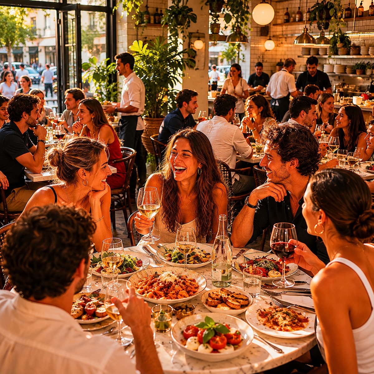 The dining room at full buzz, warm and packed.