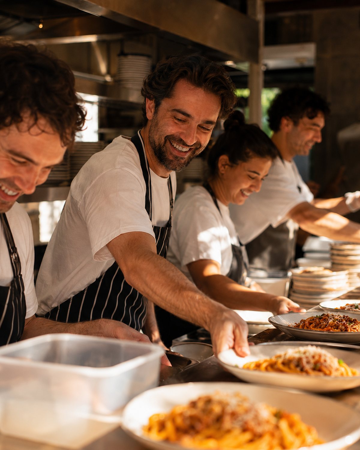 The crew behind the pass, plating and laughing.