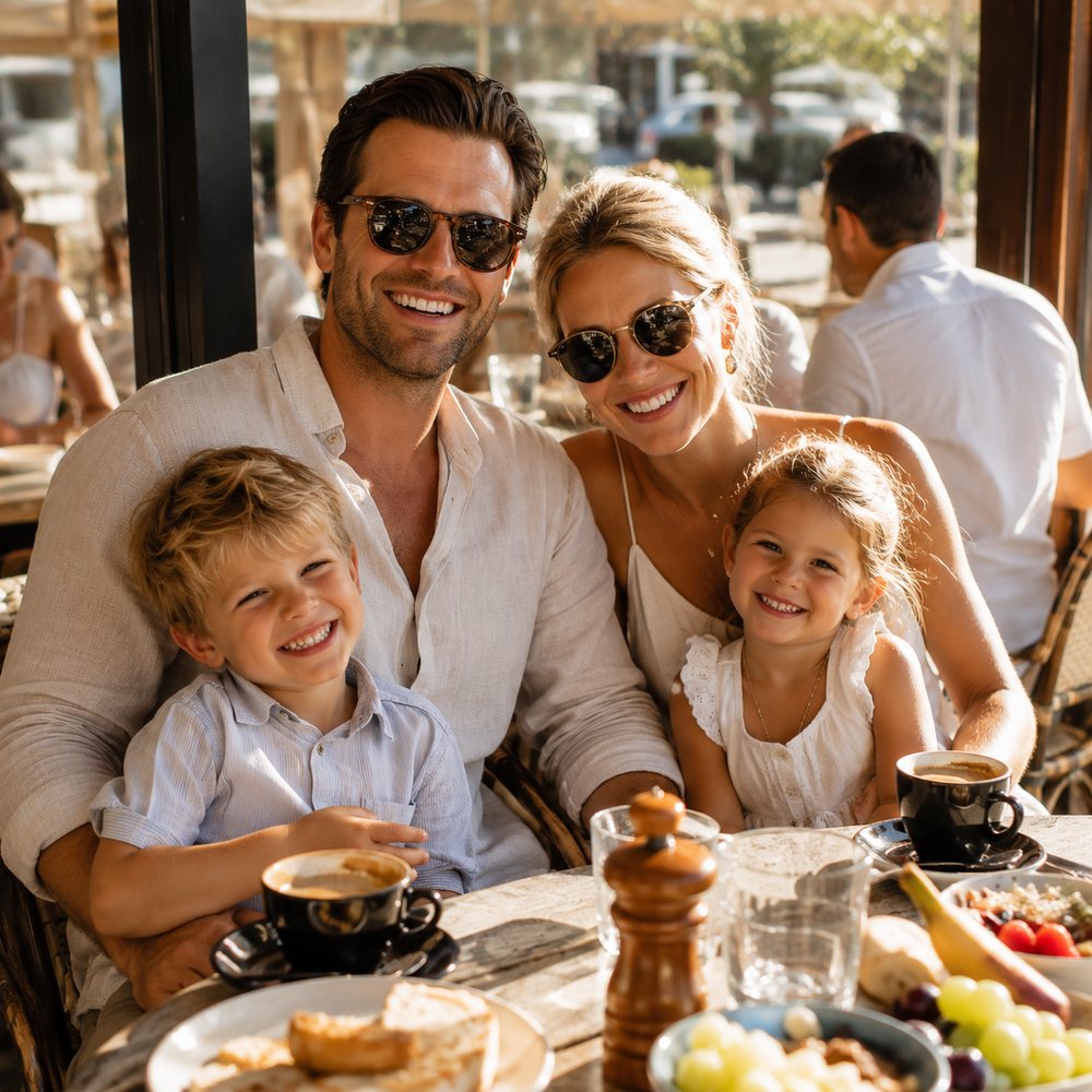 A family in their Sunday best at a sunny table.