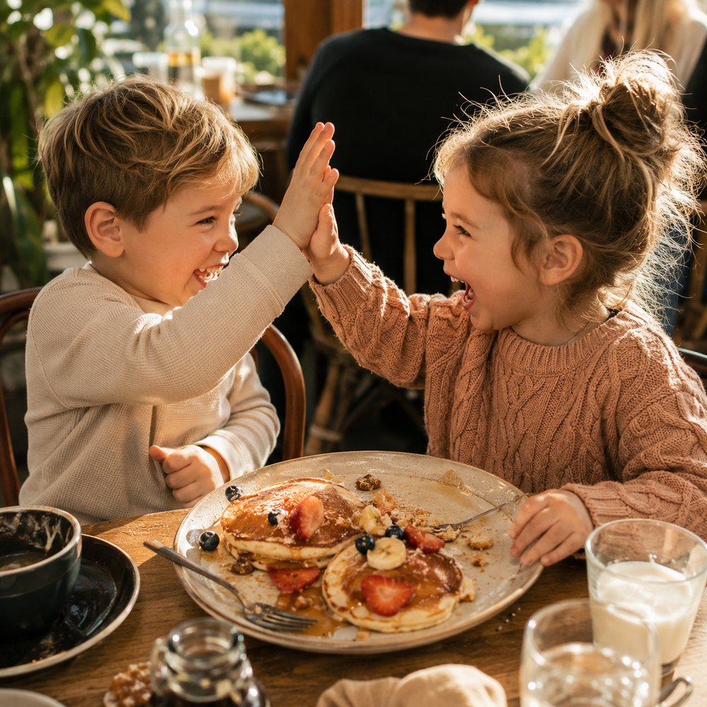Kids high-fiving over a plate of pancakes.