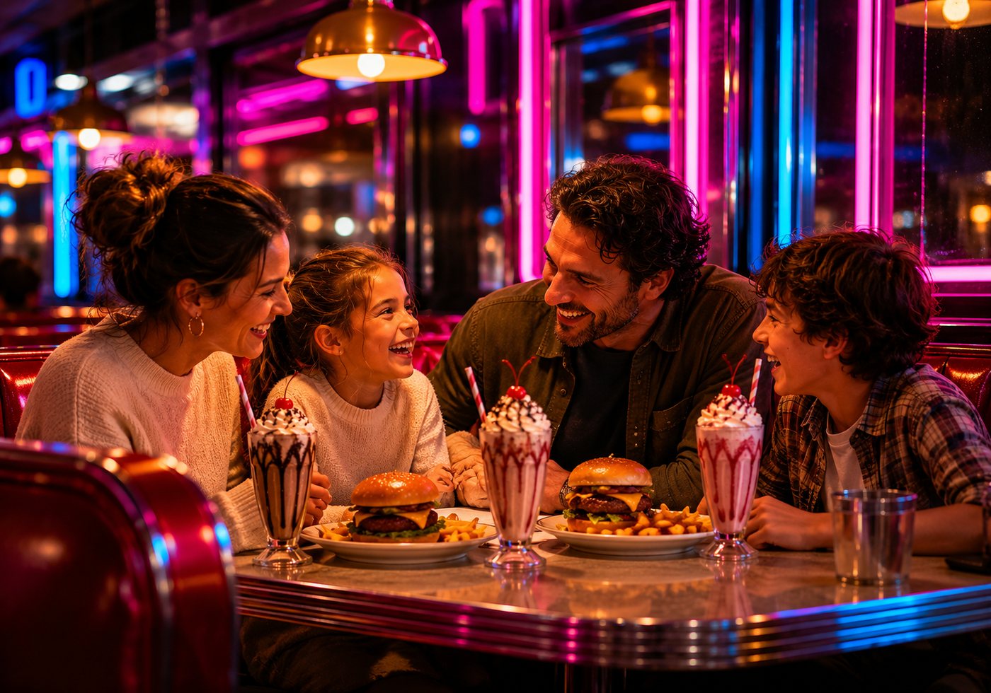 A happy family laughing together in a red vinyl booth with milkshakes and burgers under warm neon.