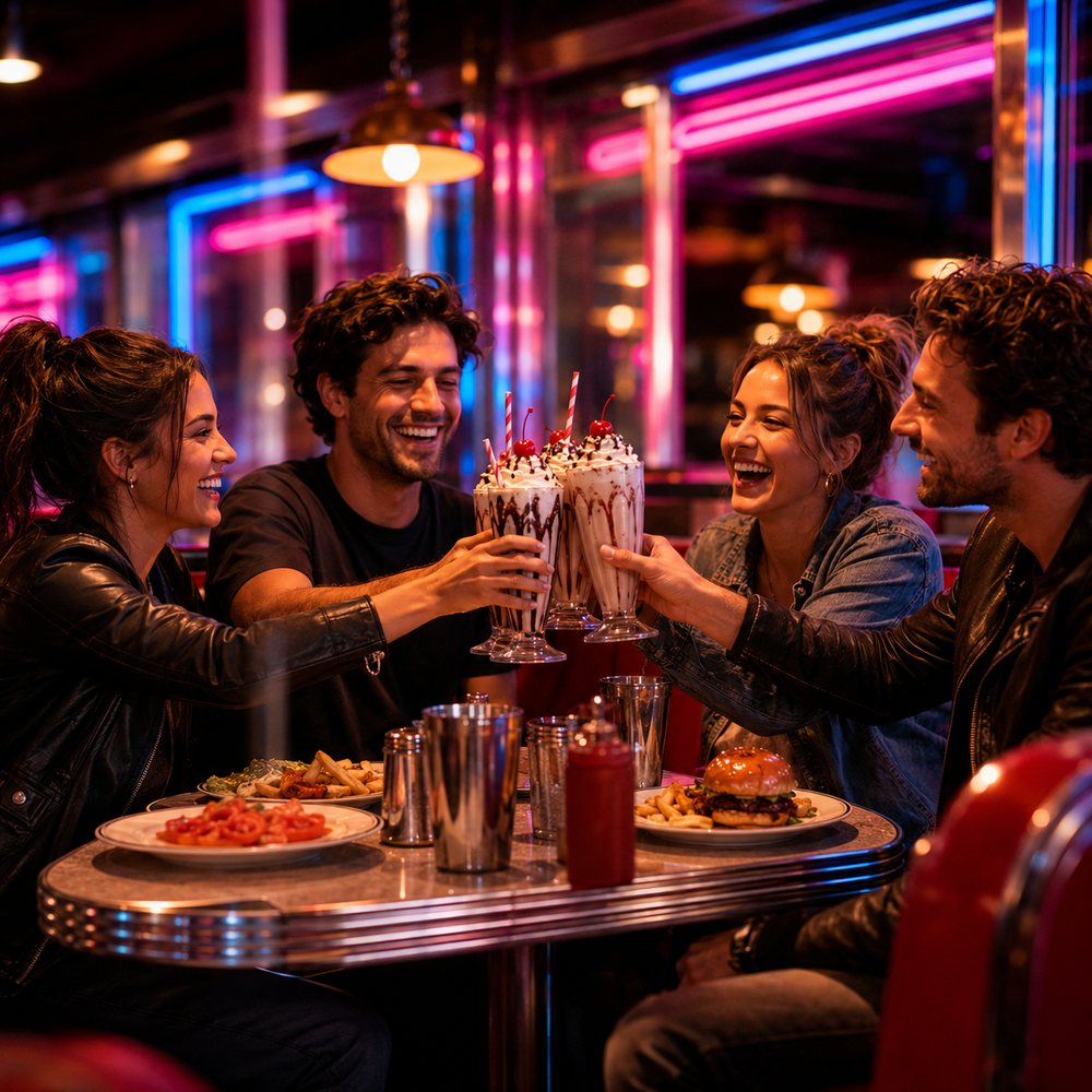 A crew clinking tall milkshakes together across a diner booth, laughing.