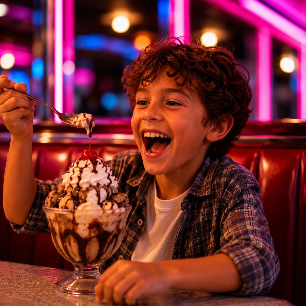 A delighted kid digging into a giant sundae in a red vinyl booth.