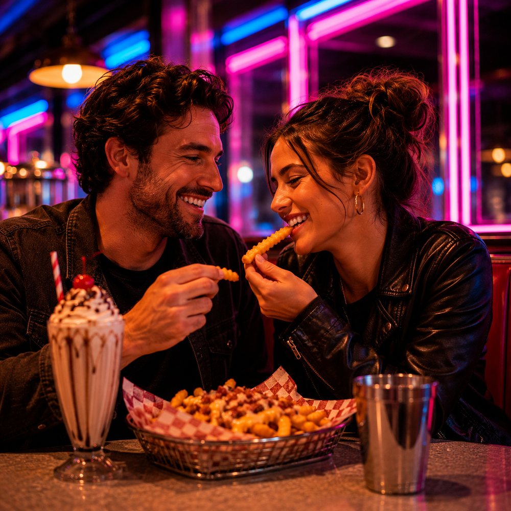 A couple sharing a basket of fries under the neon glow.