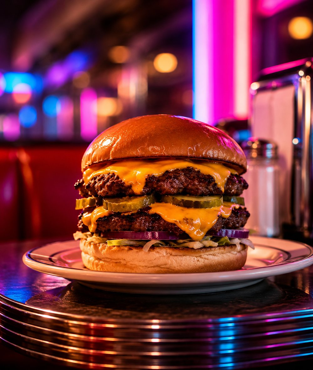 A stacked double cheeseburger with melting cheese on a glossy bun, diner plate.