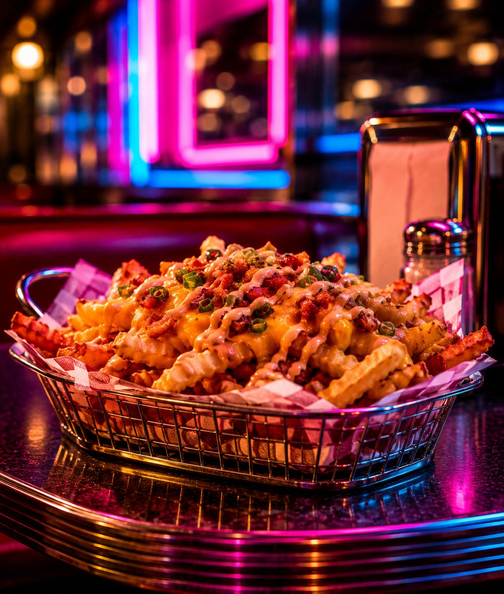 A basket of loaded crinkle-cut fries piled with cheese and sauce.