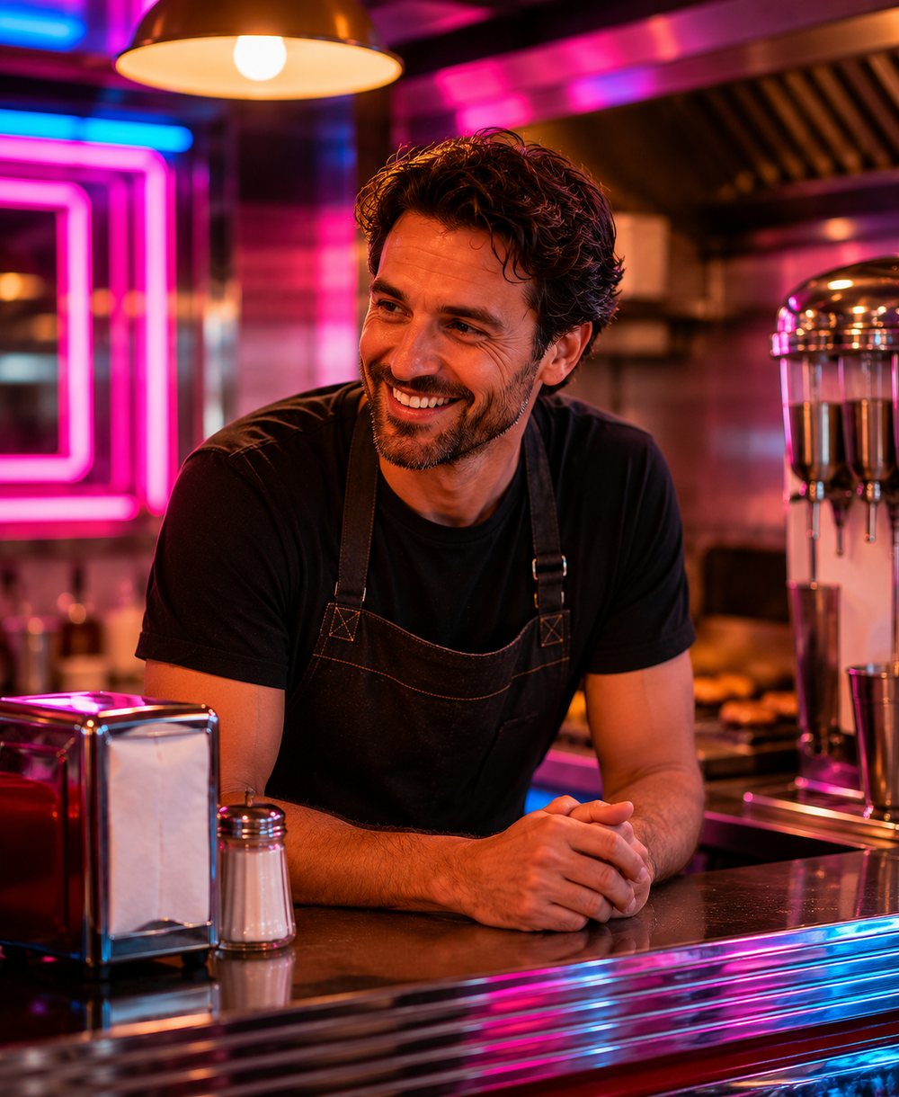 The diner owner behind the chrome counter, apron on, smiling under warm neon.